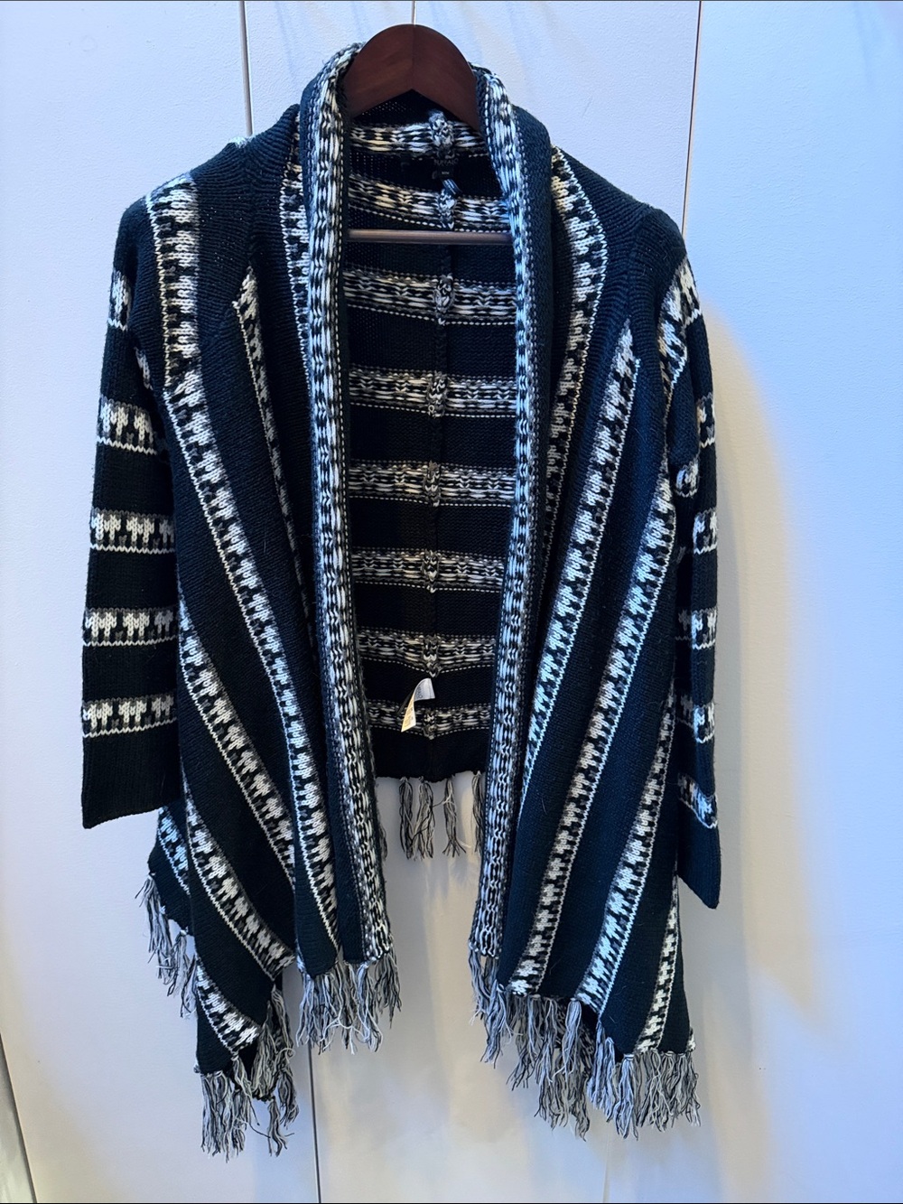 Buffalo David Bitton Black and White Striped Fringe Open-Front Poncho